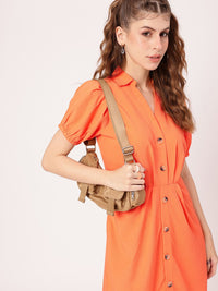 DressBerry Tangerine Pleated Seersucker Shirt Style Dress