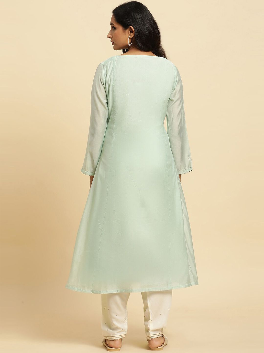 W Green Round Neck Gotta Patti A-Line Kurta