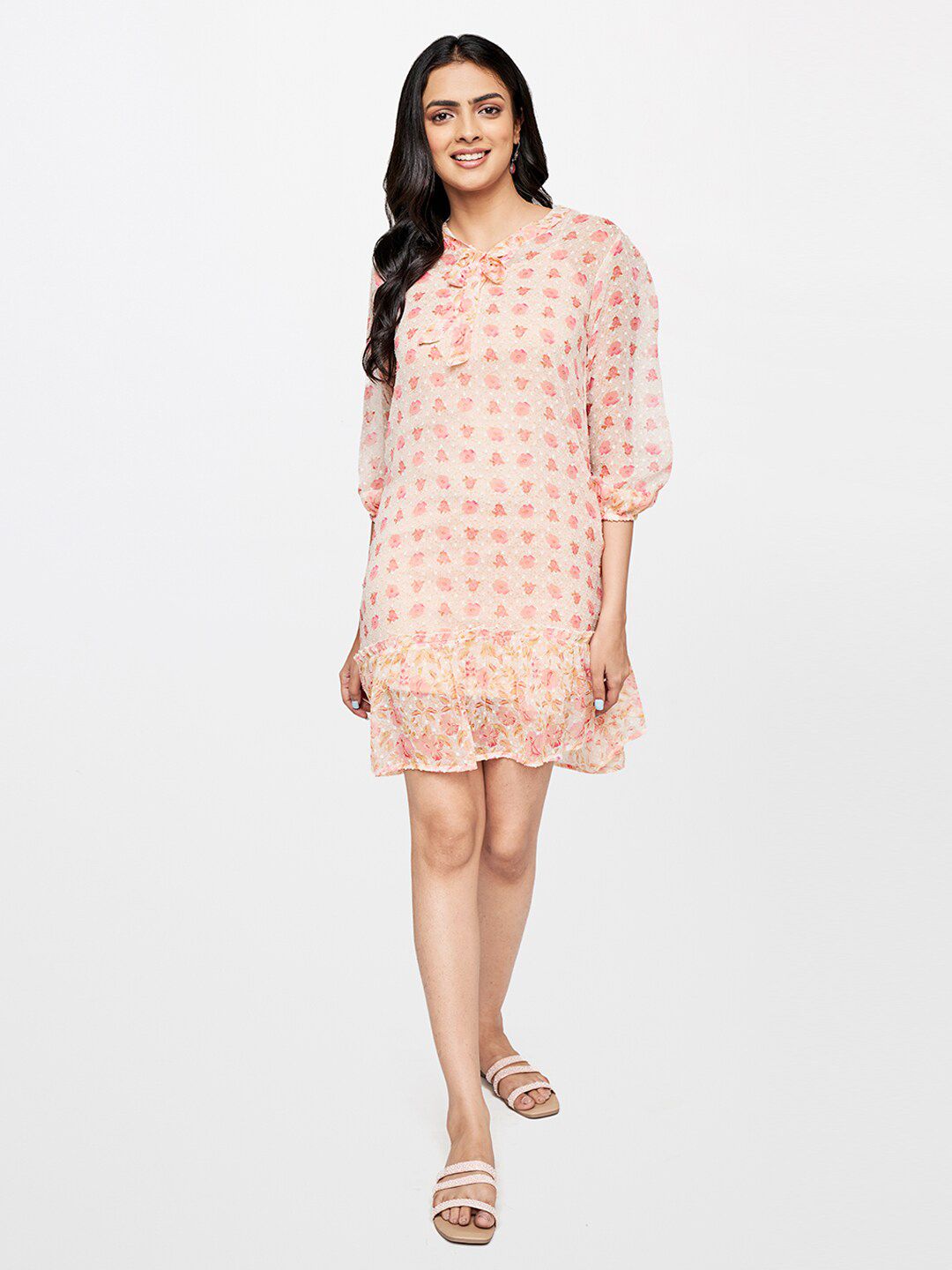 Global Desi Floral Printed Tie-Up Neck A-Line Dress