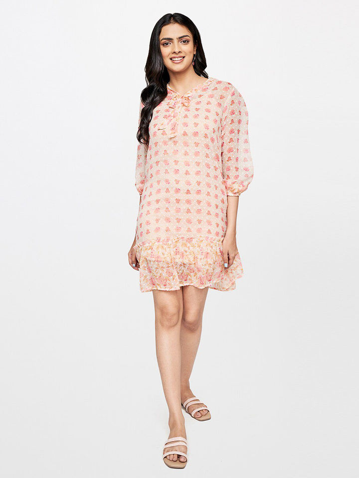Global Desi Floral Printed Tie-Up Neck A-Line Dress