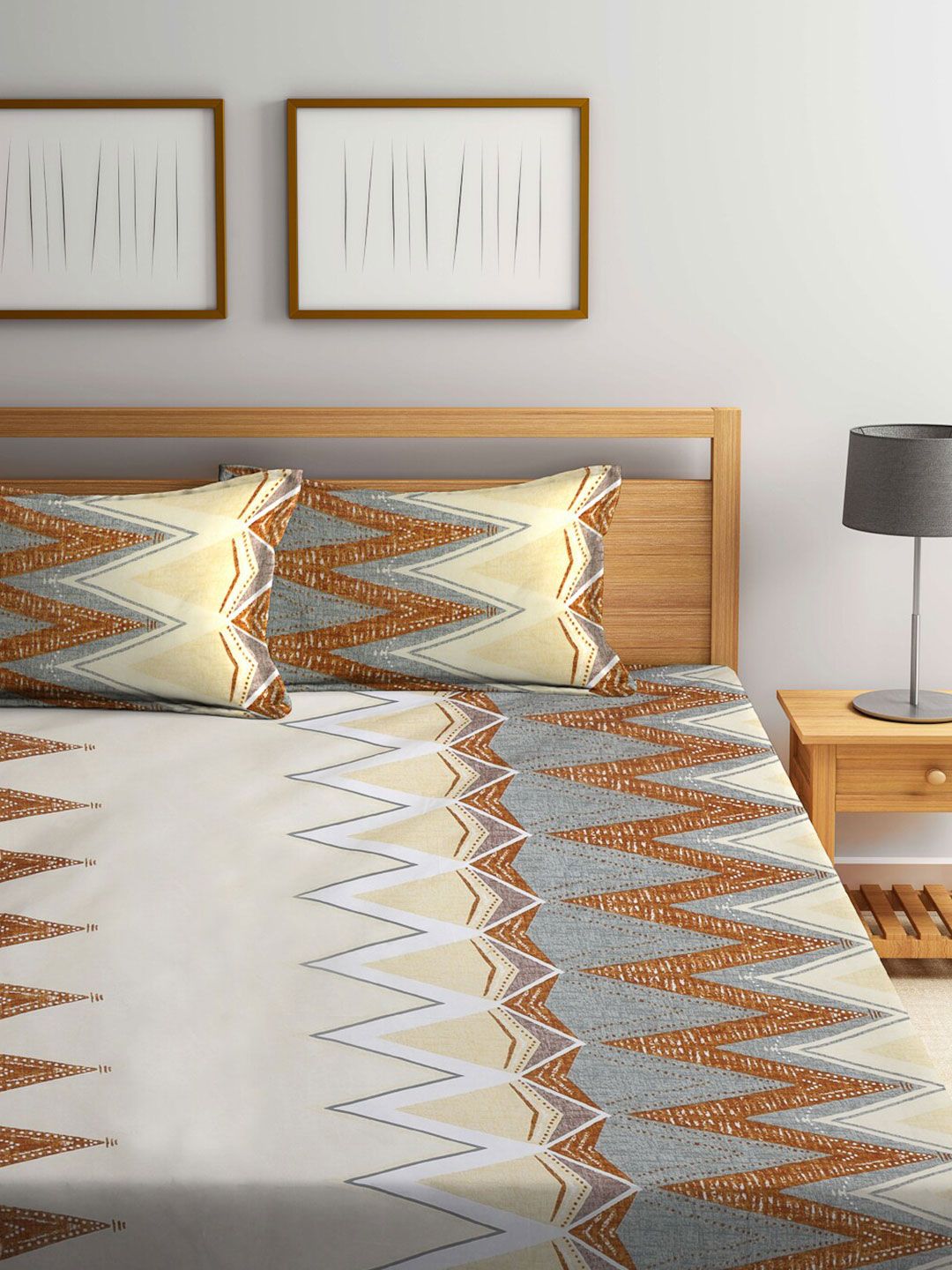 KLOTTHE Grey Chevron Cotton 300 TC Fitted King Fine Bedsheet dengan 2 Sarung Bantal-98 x 87 inci