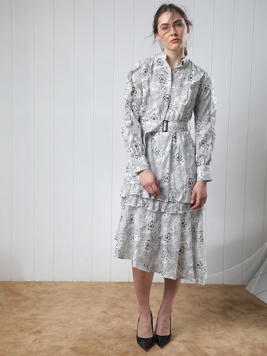 RAREISM Floral Midi Belted Shirt Dress