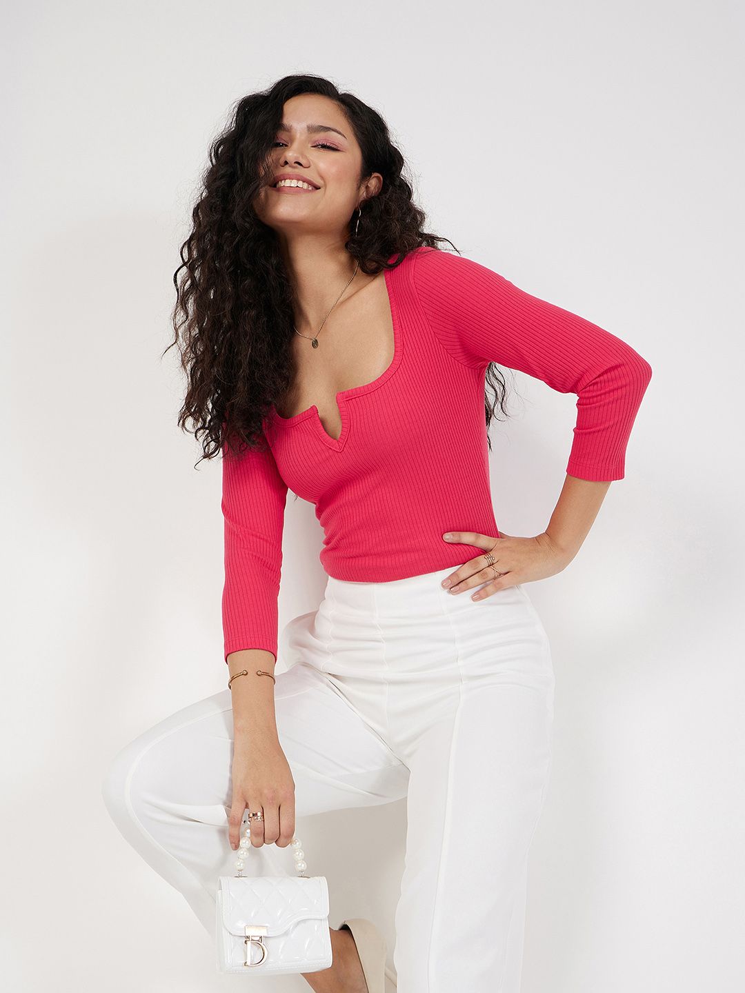 SASSAFRAS Red Ribbed Square Neck Fitted Top
