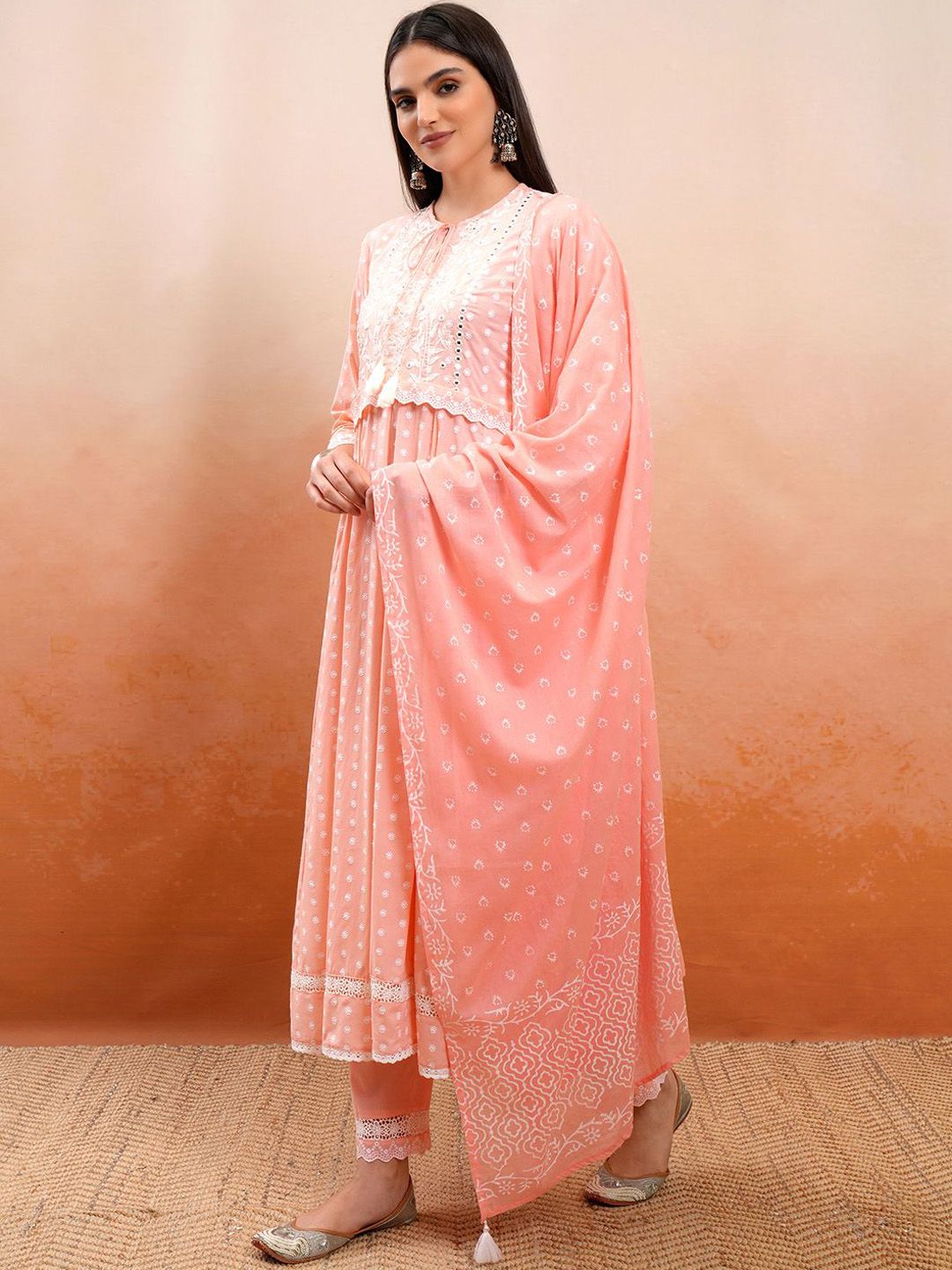 Vishudh Peach Embroidered Mirror Work Pure Cotton Anarkali Kurta With Trousers & Dupatta