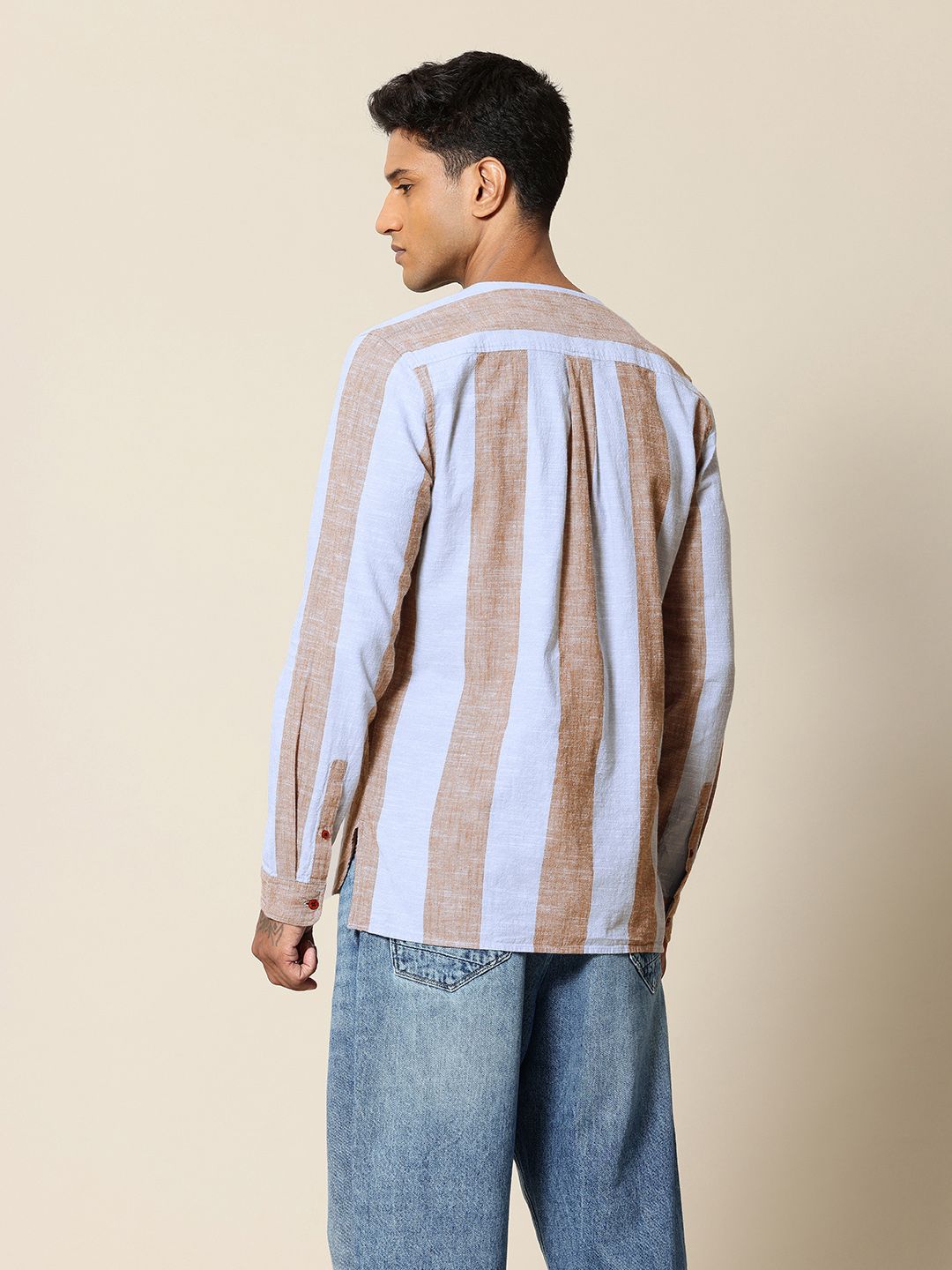Mr Bowerbird Liberal Fit Self Striped Cotton Linen Casual Shirt