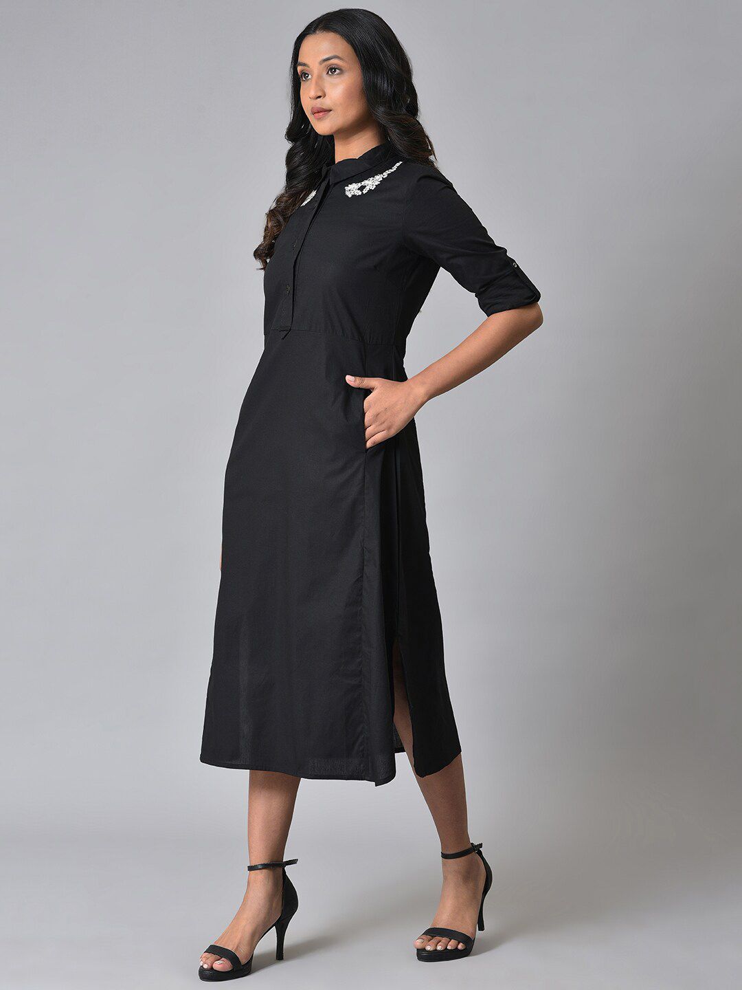 W Embroidered Shirt Collar Pure Cotton A-Line Midi Dress