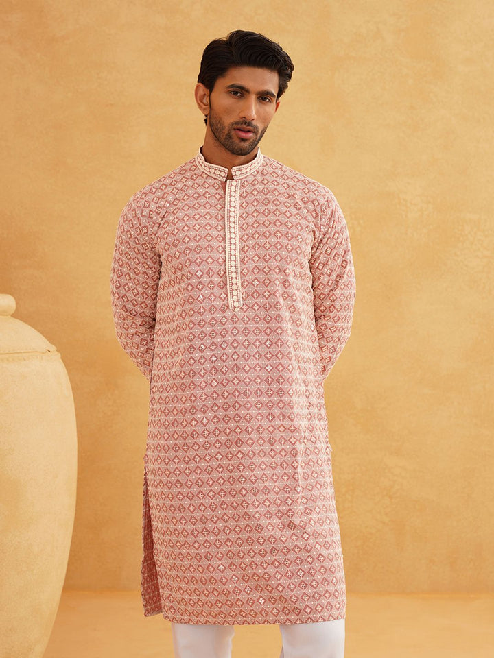 SOJANYA Floral Embroidered Mandarin Collar Long Sleeves Thread Work Pure Cotton Kurta Set