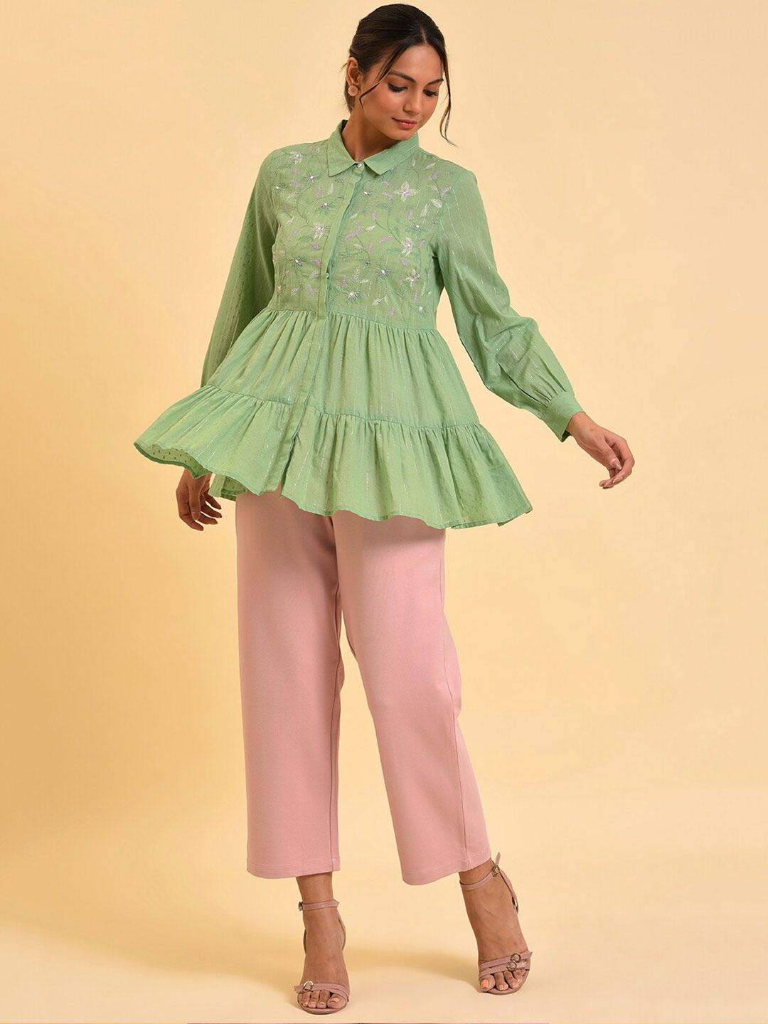 W Green Floral Printed Cotton Shirt Style Top