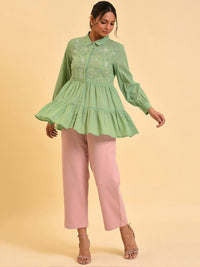 W Green Floral Printed Cotton Shirt Style Top