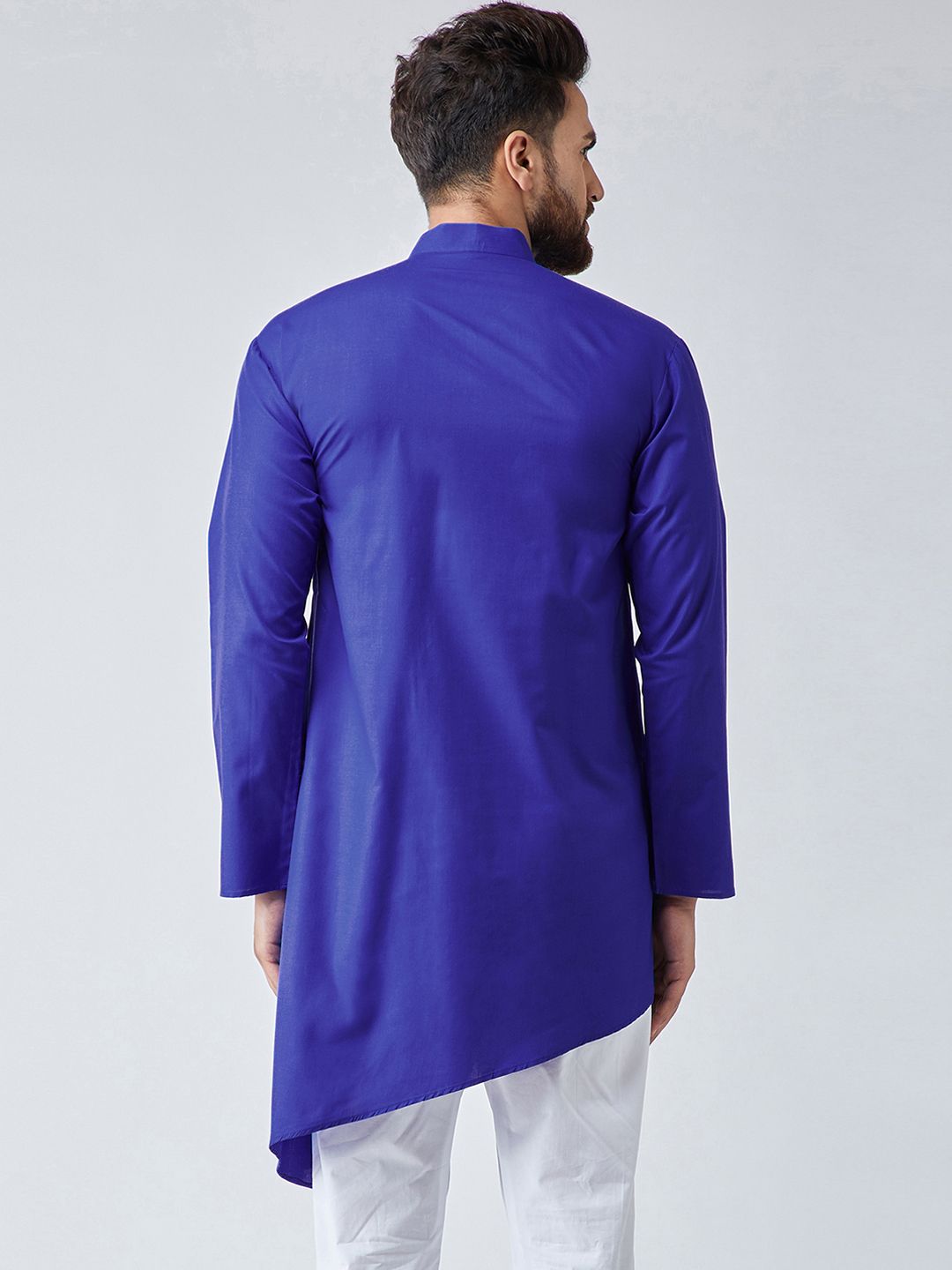SOJANYA Men Blue Solid Asymmetric Hemline Straight Kurta
