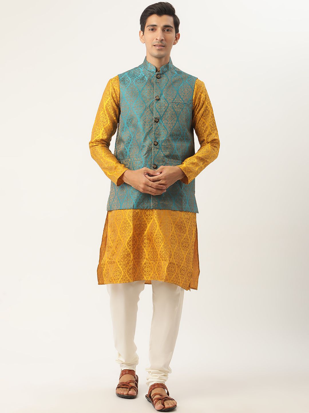 SOJANYA Men Mustard Ethnic Motifs Kurta with Churidar & Nehru Jacket