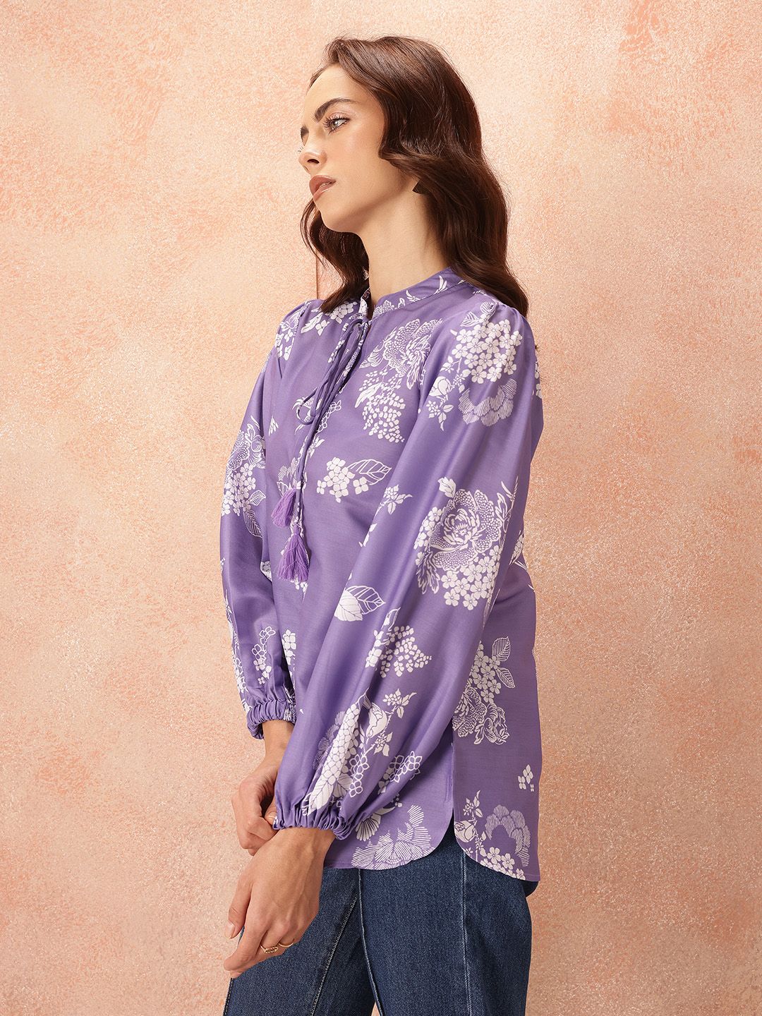 all about you Floral Print Tie-Up Neck Puff Sleeve Top