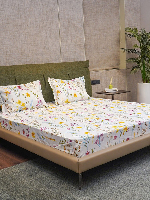 URBAN SPACE Yellow & White Floral Cotton 200 TC Single Bedsheet with 1 Pillow Covers