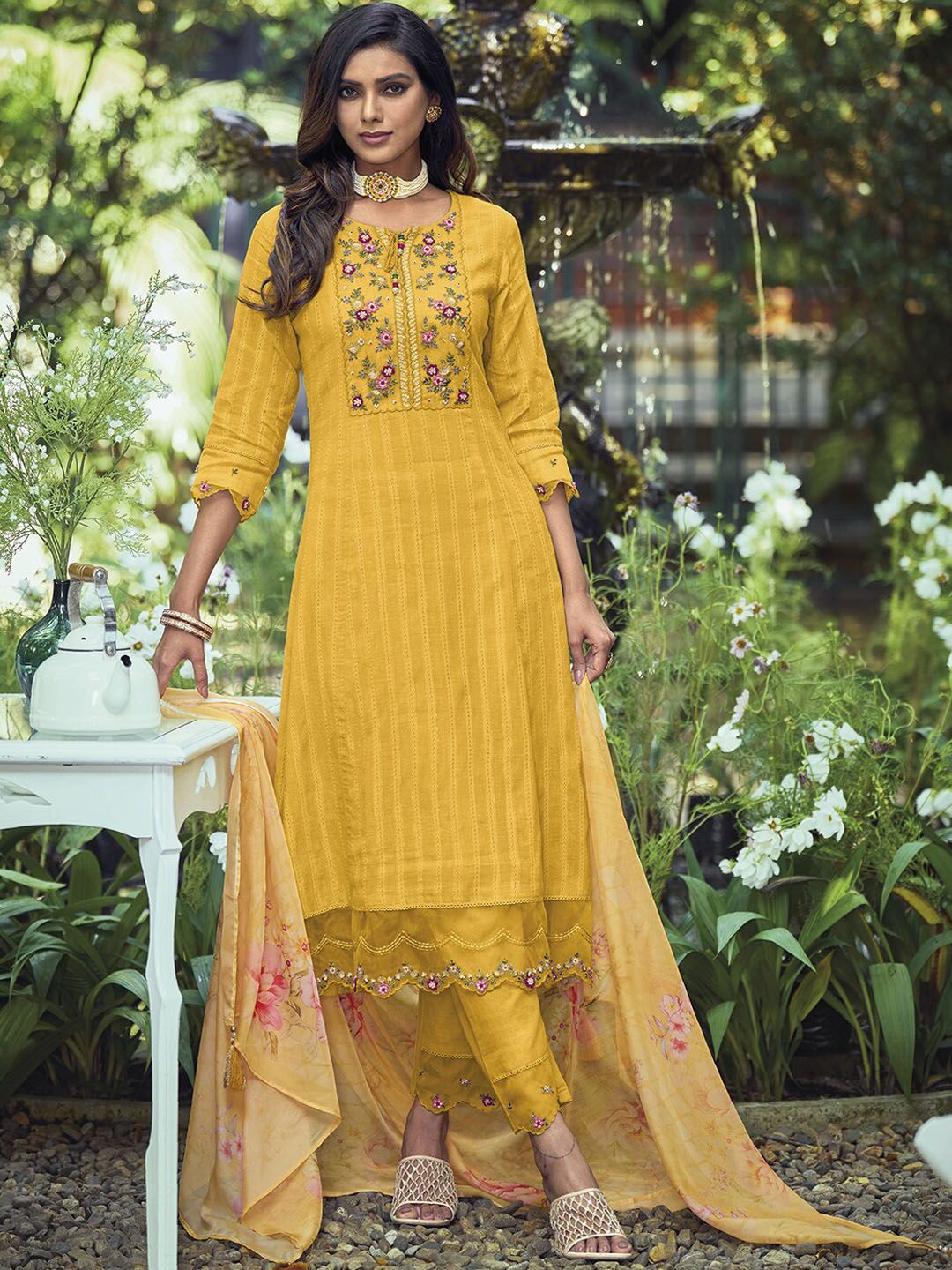 Indo Era Yellow Yoke Design Thread Work Pure Cotton Kurta With Trousers & Dupatta