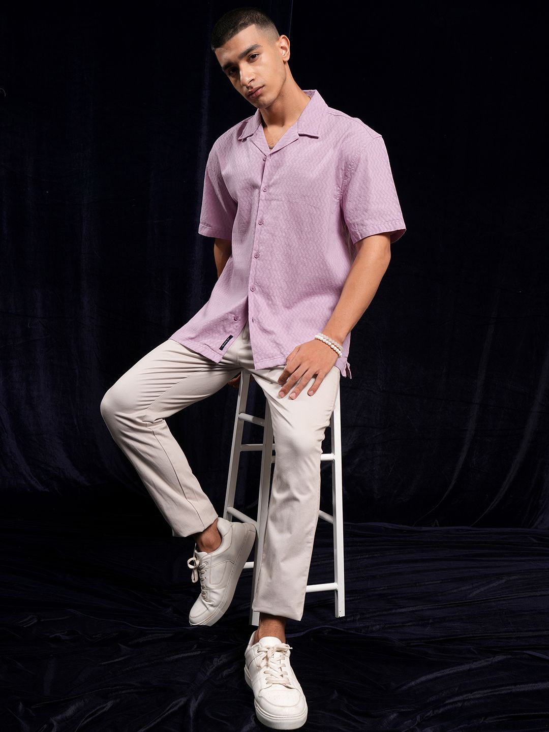 HIGHLANDER Men Dobby Textured Solid Cuban Collar Relaxed Shirt
