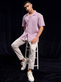 HIGHLANDER Men Dobby Textured Solid Cuban Collar Relaxed Shirt