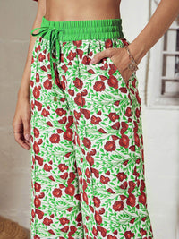 SASSAFRAS Green Floral Printed Round Neck Top With Trousers
