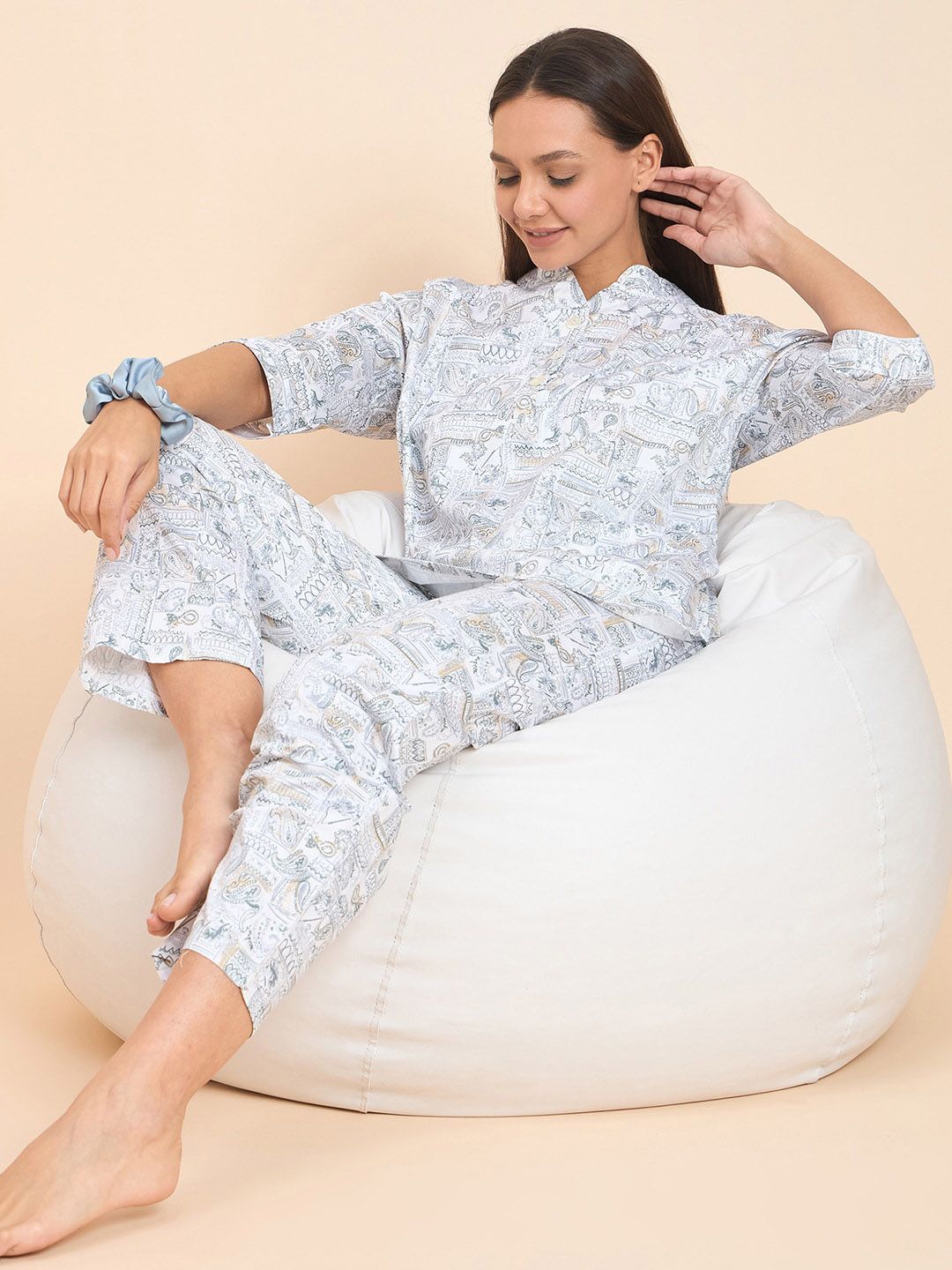 Sweet Dreams Grey Graphic Printed Pure Cotton Kurti With Pyjamas