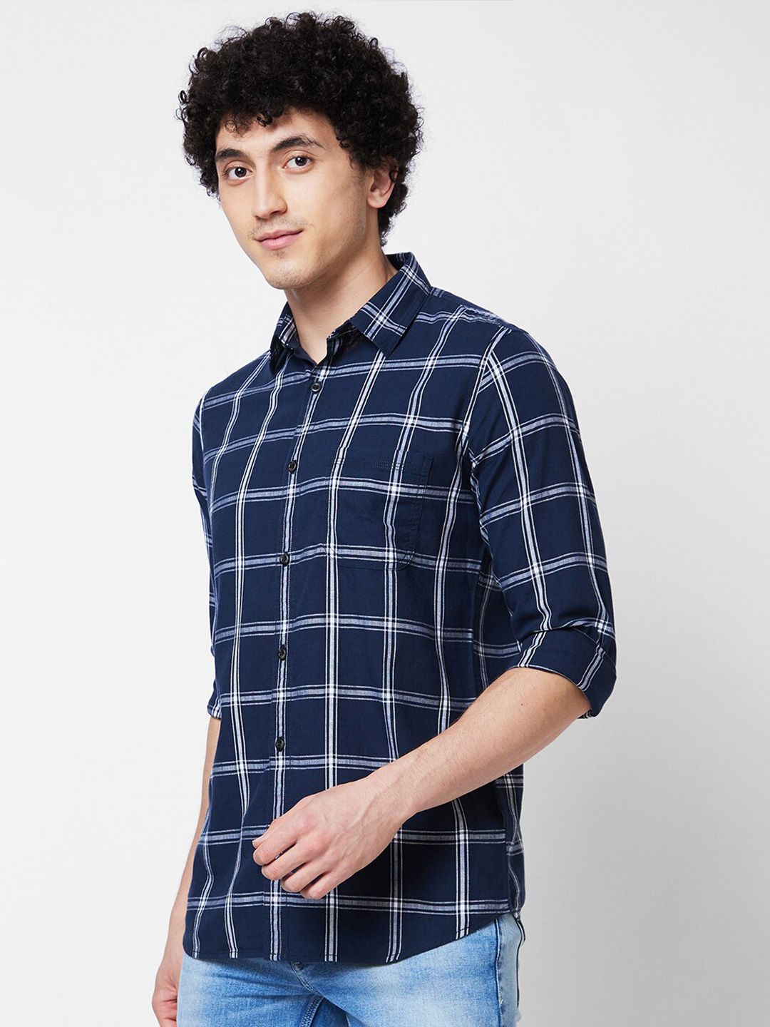 SPYKAR Spread Collar Long Sleeves Checked Regular Fit Casual Cotton Shirt
