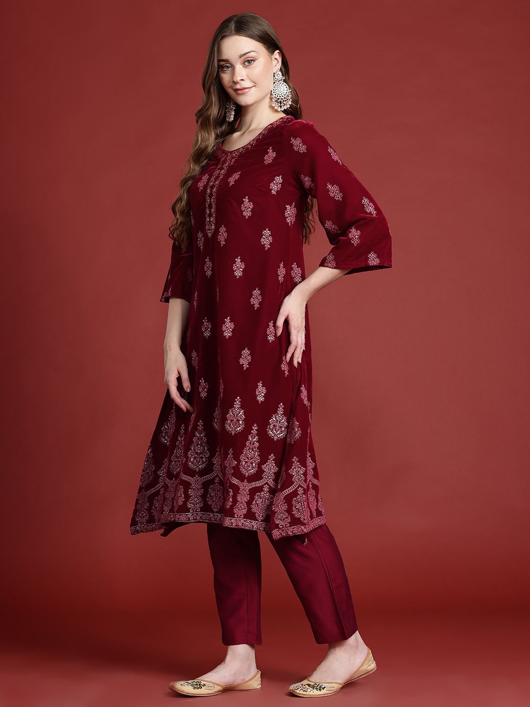 Anouk Ethnic Print Velvet-Finish Regular Kurti with Trouser