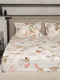 URBAN SPACE White & Peach-Coloured Pure Cotton 200 TC Queen Bedsheet with 2 Pillow Covers