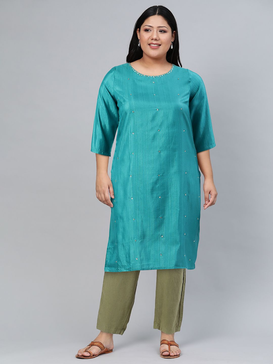 W Women Teal Thread Work Indie Prints Kurta
