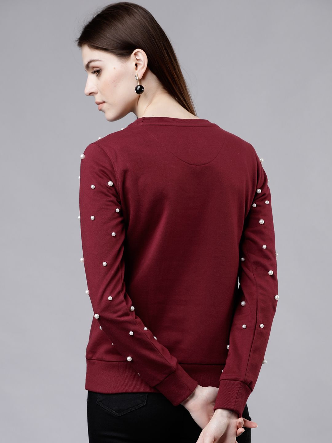 Tokyo Talkies Women Maroon & White Solid Sweatshirt