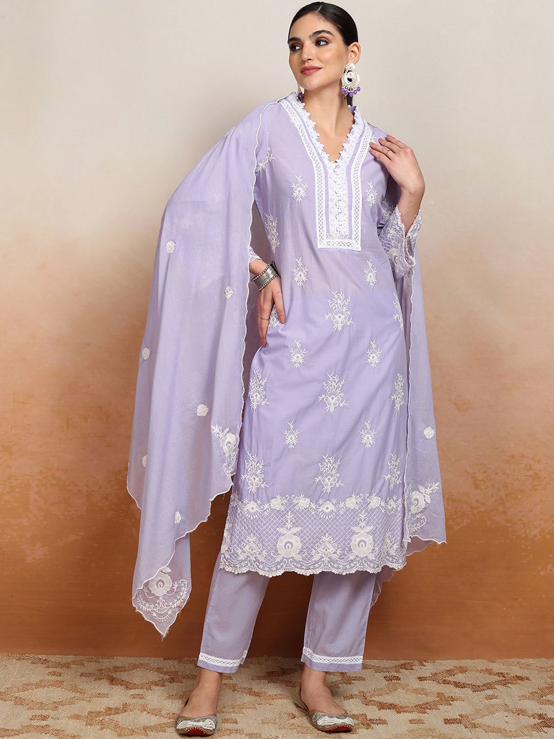 Vishudh Ethnic Motifs Embroidered Pure Cotton Kurta With Trouser & Dupatta