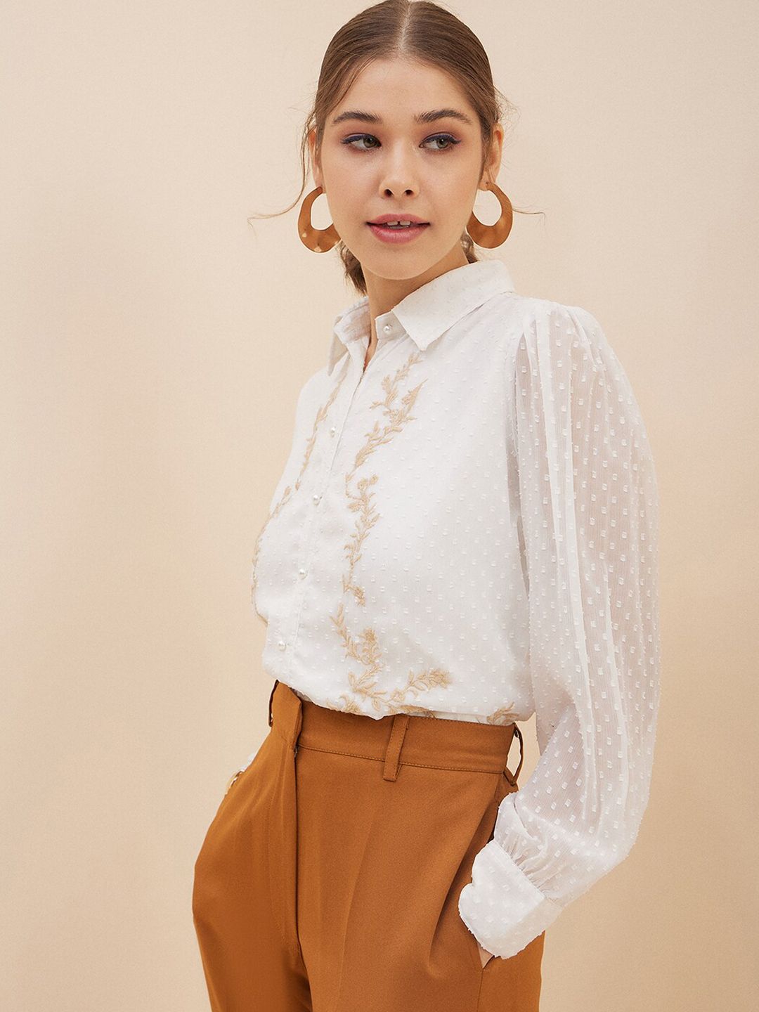 Antheaa White Floral Self Design Cuffed Sleeves Embroidered Detail Shirt Style Top