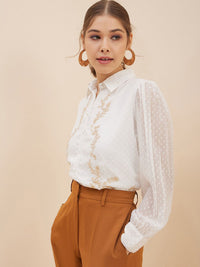 Antheaa White Floral Self Design Cuffed Sleeves Embroidered Detail Shirt Style Top