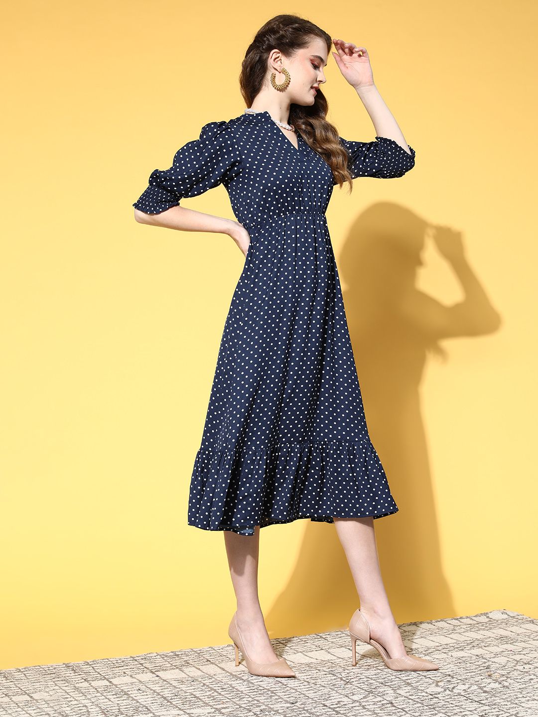 Berrylush Women Deep Navy Blue Polka Dotted Volume Play Dress