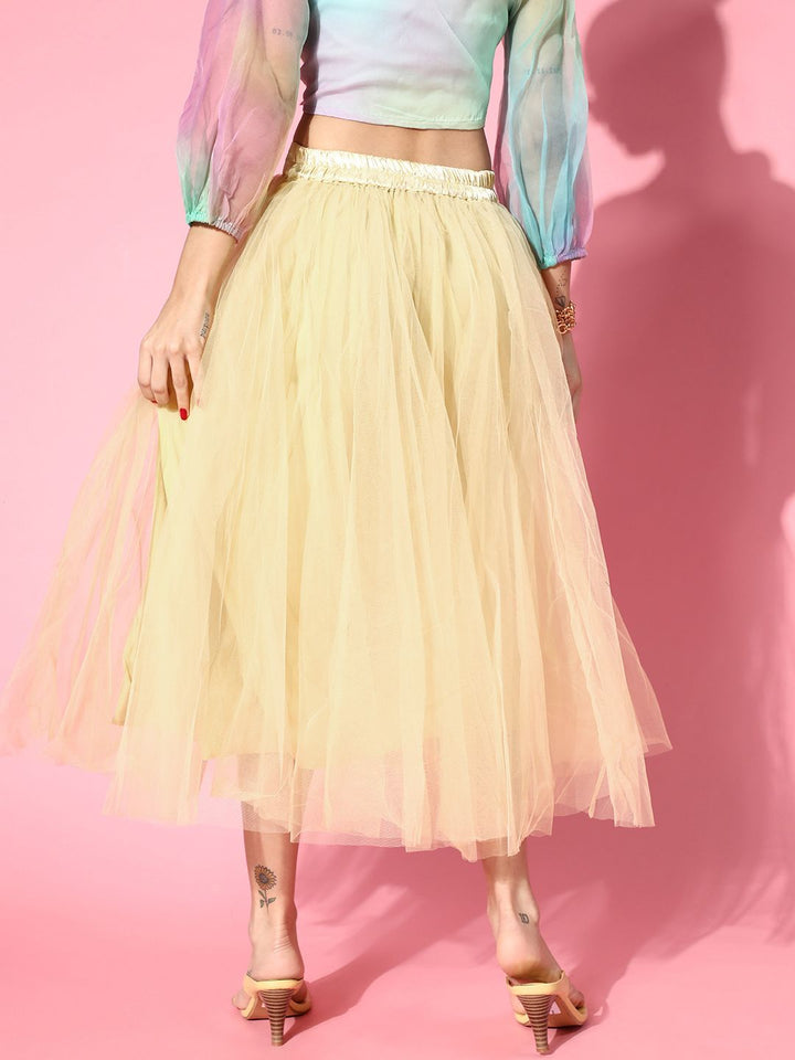 SASSAFRAS Women Light Yellow Solid Tulle Midi Skirt