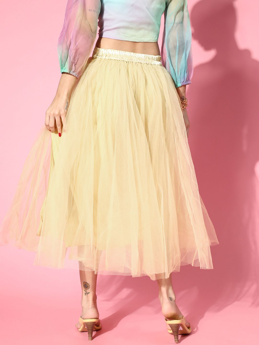 SASSAFRAS Women Light Yellow Solid Tulle Midi Skirt