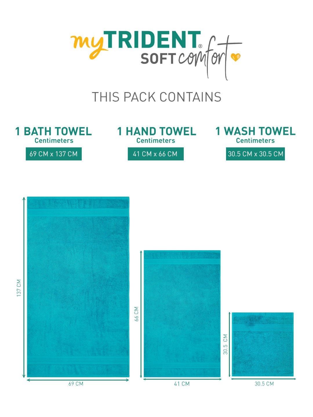 MYTRIDENT Soft Comfort Teal 3 Pieces Pure Cotton 500 GSM Towel Set
