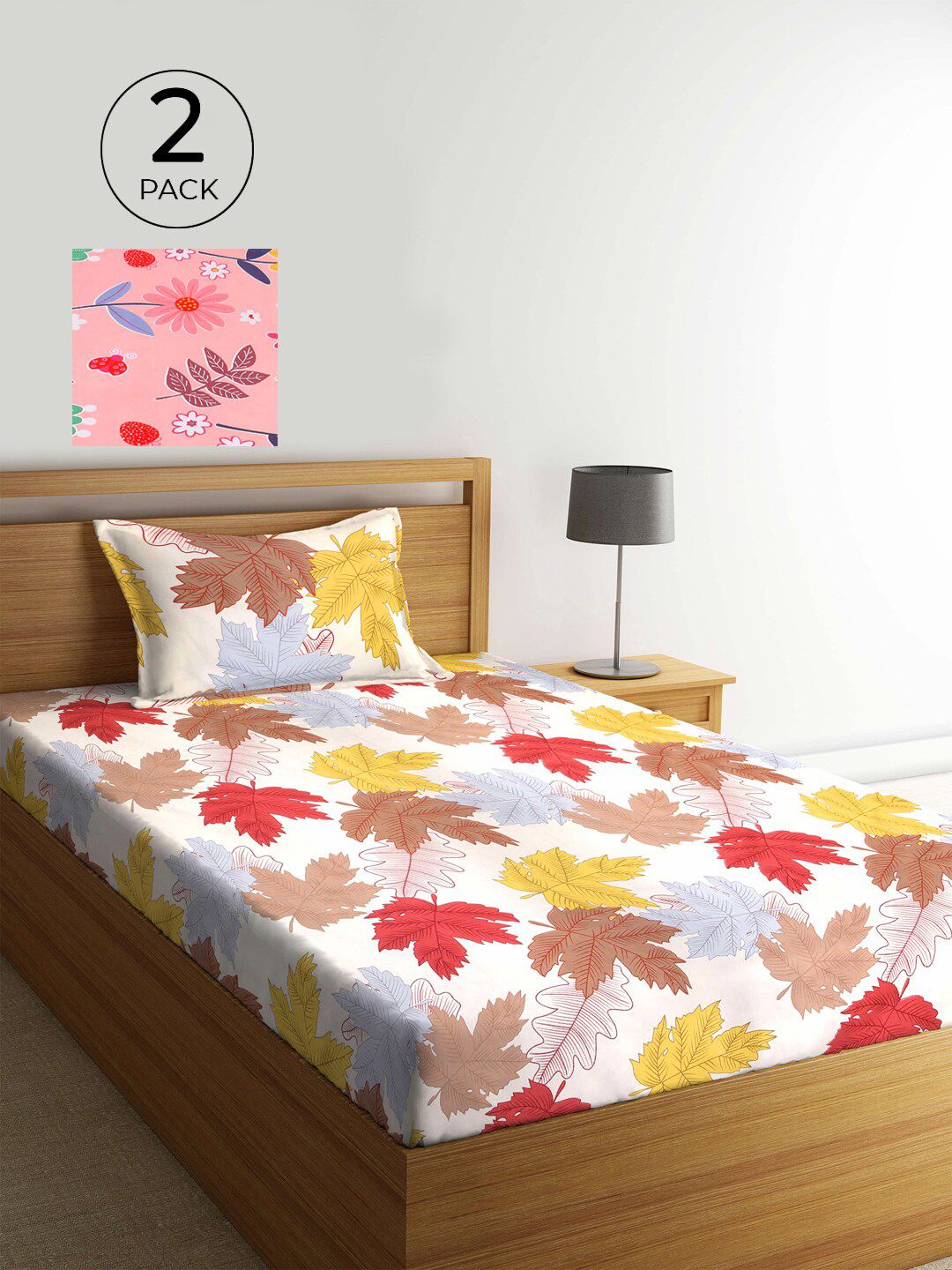 KLOTTHE White & Red Floral 300 TC 2 Single Bedsheet with 2 Pillow Covers