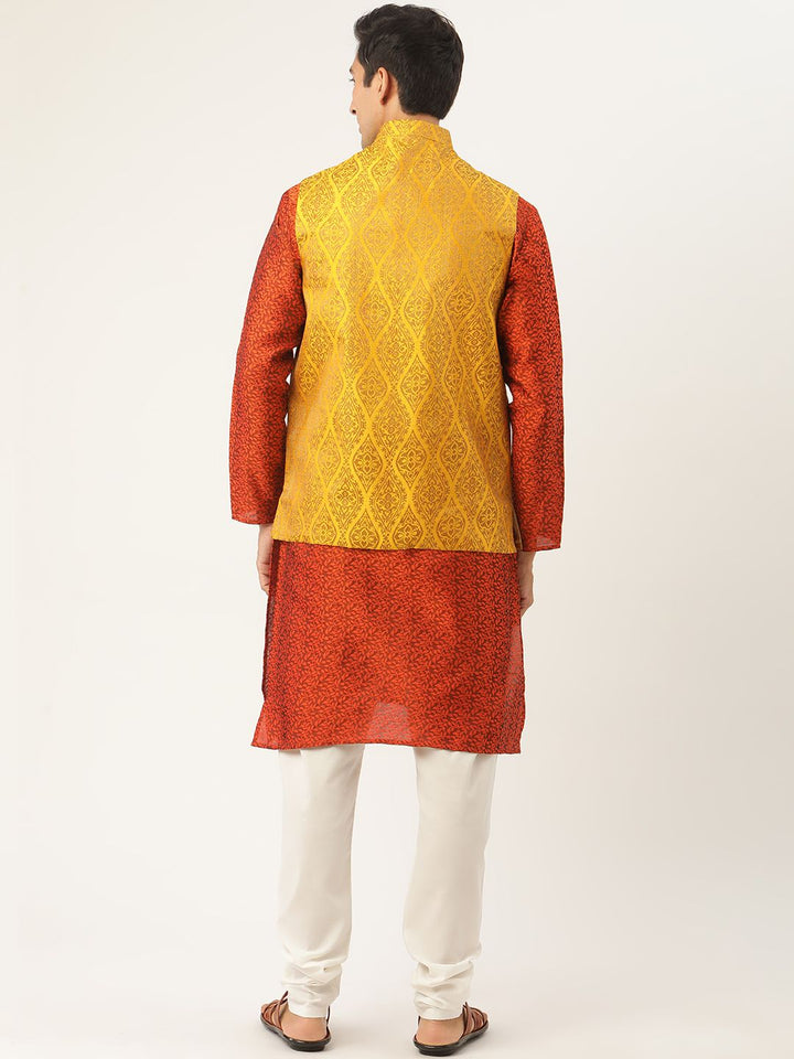 SOJANYA Men Orange & Yellow Ethnic Motifs Woven Design Kurta with Churidar & Nehru Jacket
