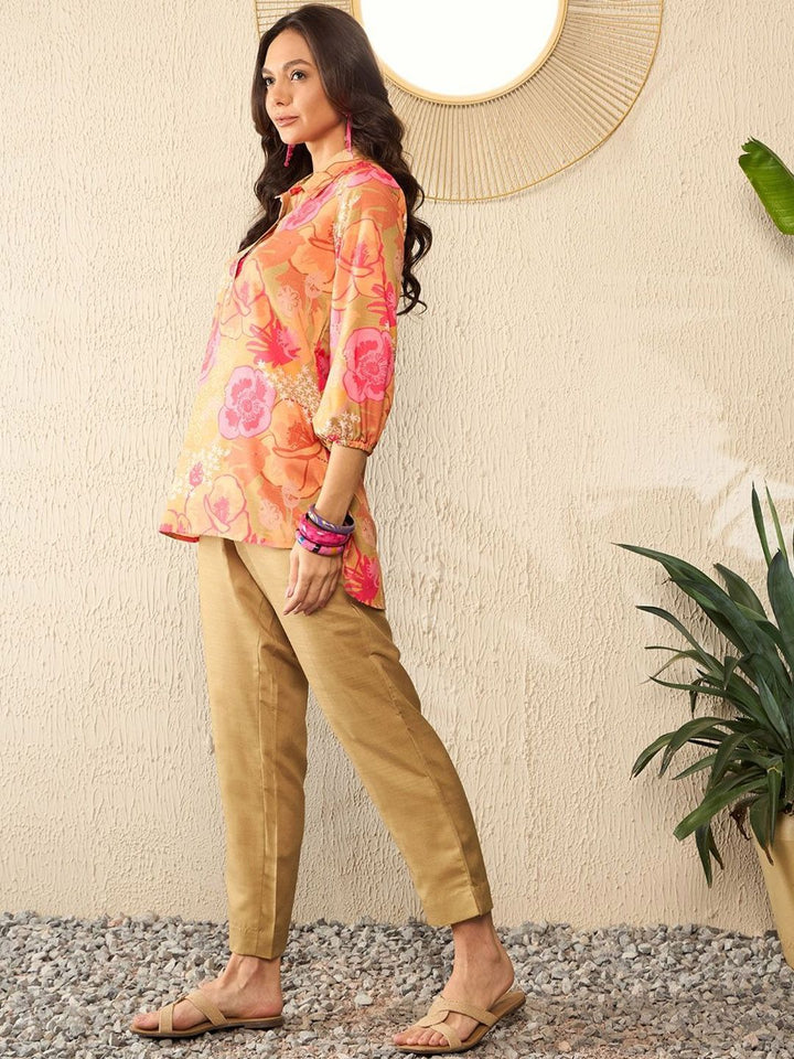 KALINI Floral Printed Shirt Collar Three-Quarter Sleeves Top With Trouser