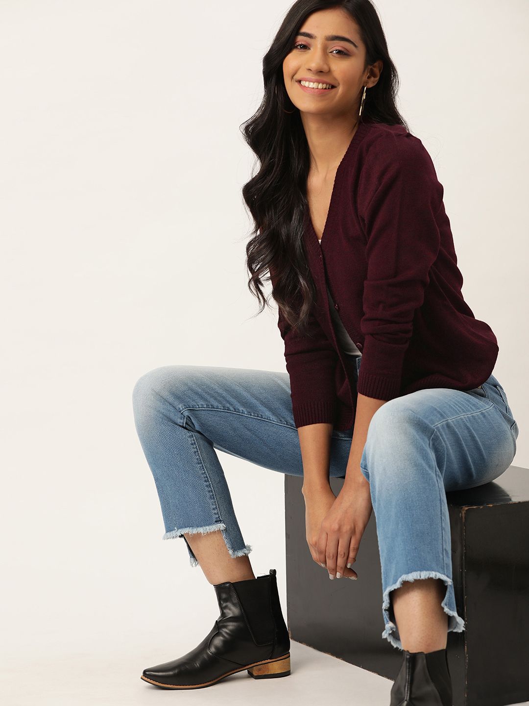 DressBerry Women Maroon Solid Cardigan Sweater