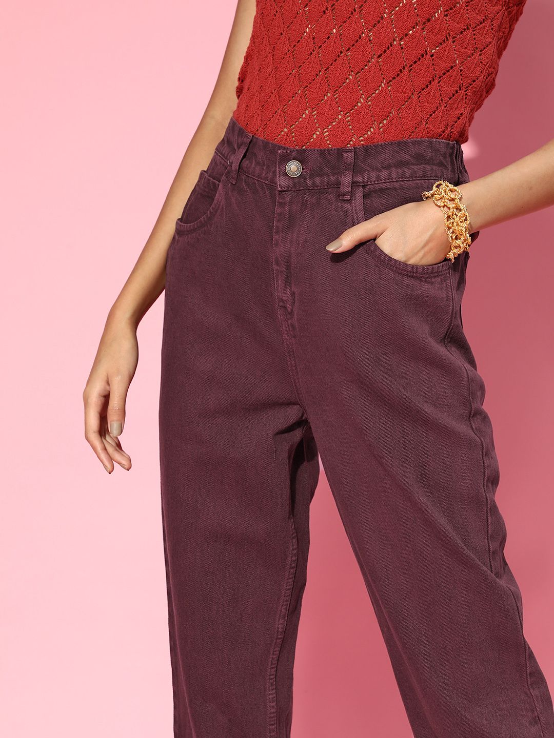 SASSAFRAS Women Deep Burgundy High-Rise Mom Fit Cropped Jeans
