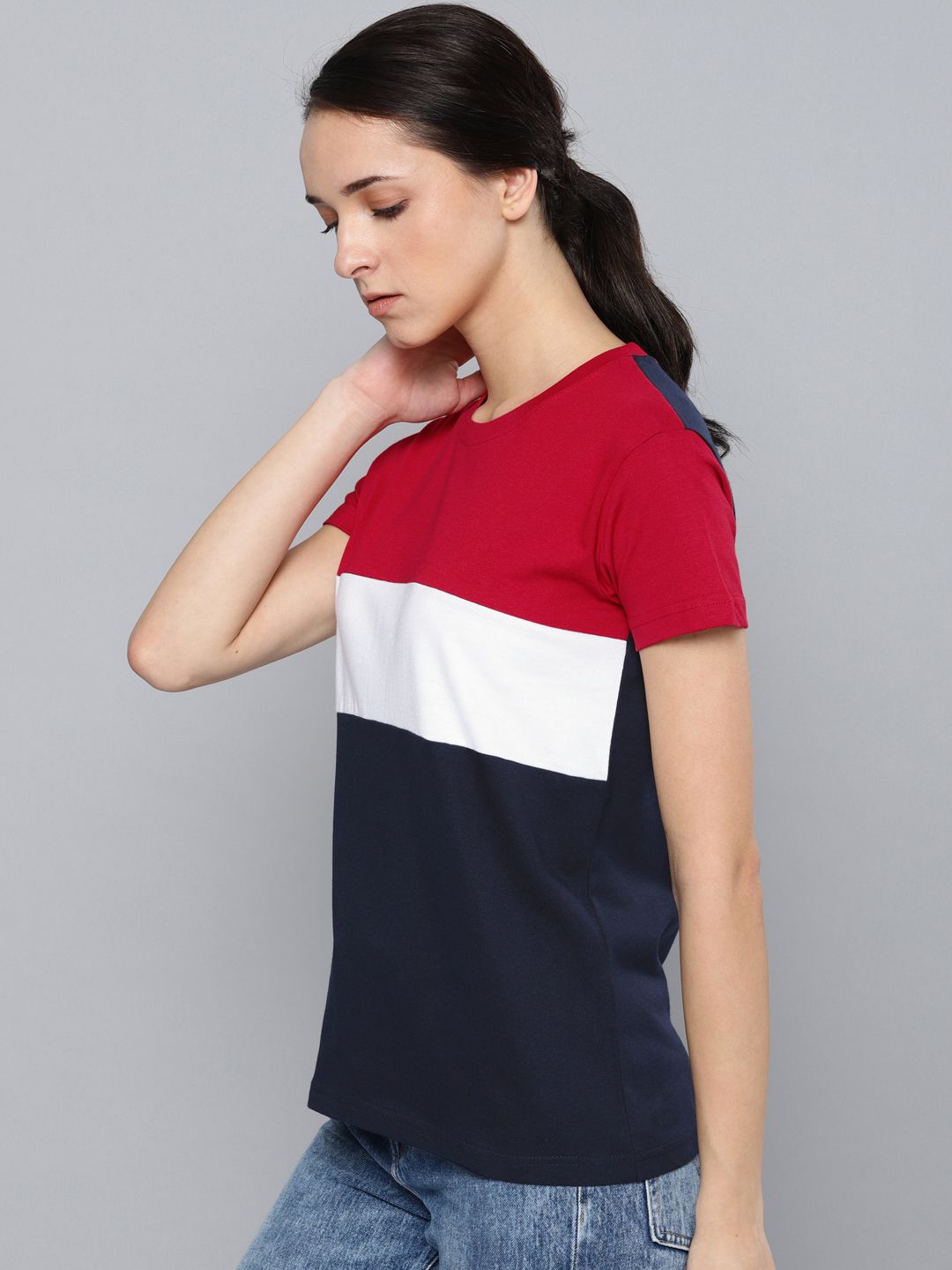 DILLINGER Women Red  White Colourblocked Round Neck Pure Cotton T-shirt
