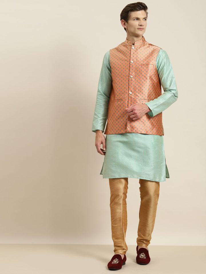 SOJANYA Kurta Belang Hijau Laut Lelaki dengan Jaket Churidar & Nehru