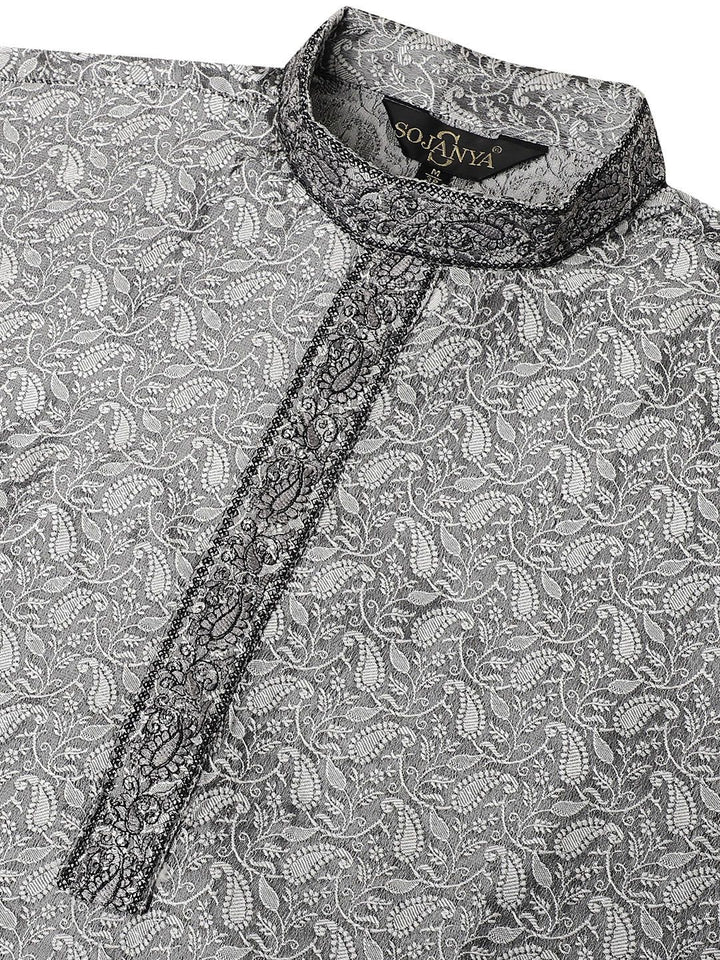 SOJANYA Men Charcoal Grey & White Woven Design Straight Kurta