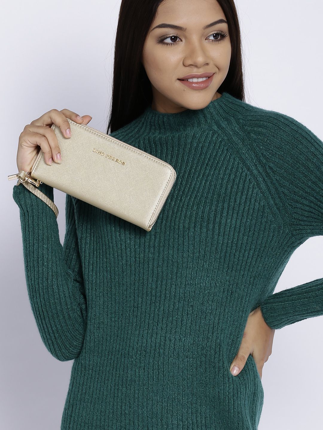 Lino Perros Women Gold-Toned Solid Zip Around Wallet with Detachable Wrist Loop