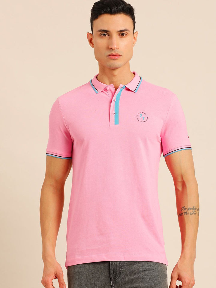 Being Human Men Pink Solid Polo Collar Pure Cotton Slim Fit T-shirt With Brand Logo Print