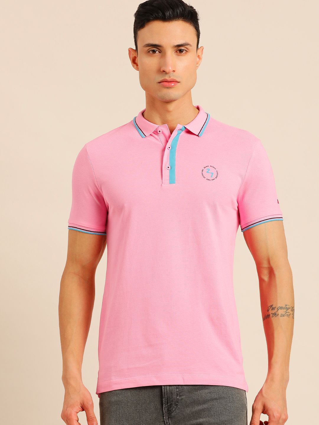 Being Human Men Pink Solid Polo Collar Pure Cotton Slim Fit T-shirt With Brand Logo Print