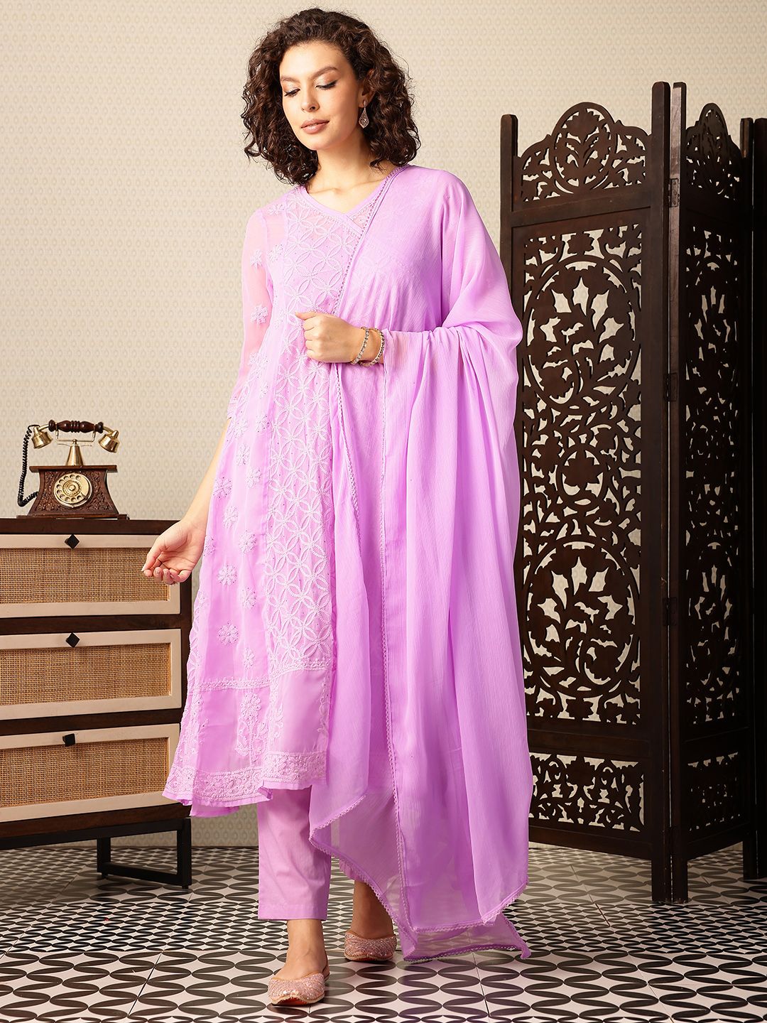 House of Pataudi Chikankari Embroidered Angrakha Jashn Kurta with Trousers & Dupatta