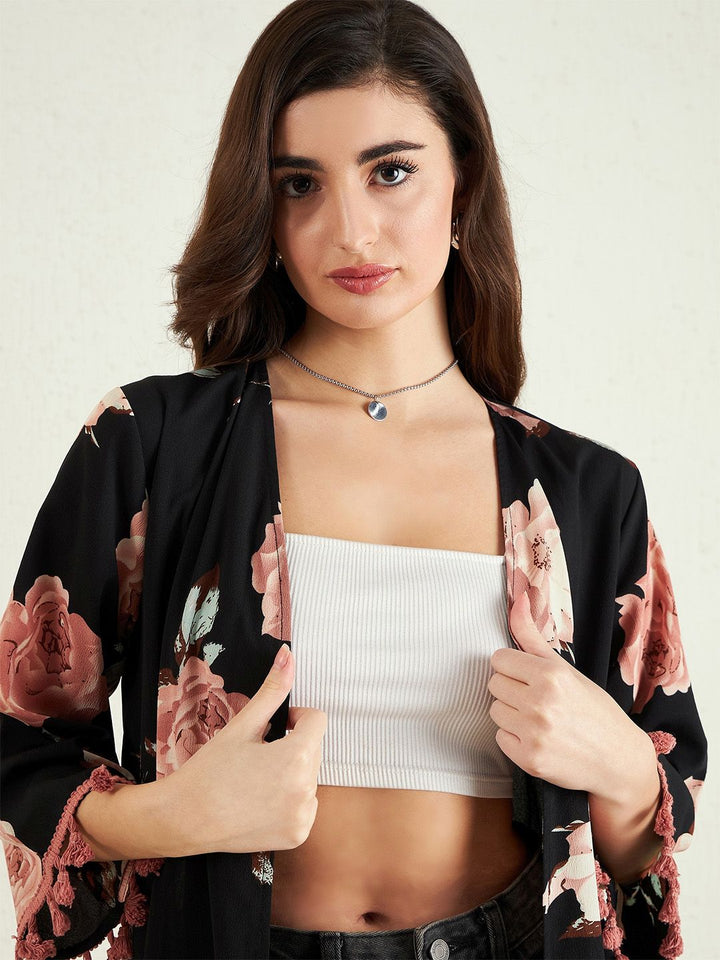Berrylush Printed Tasselled Longline Shrug