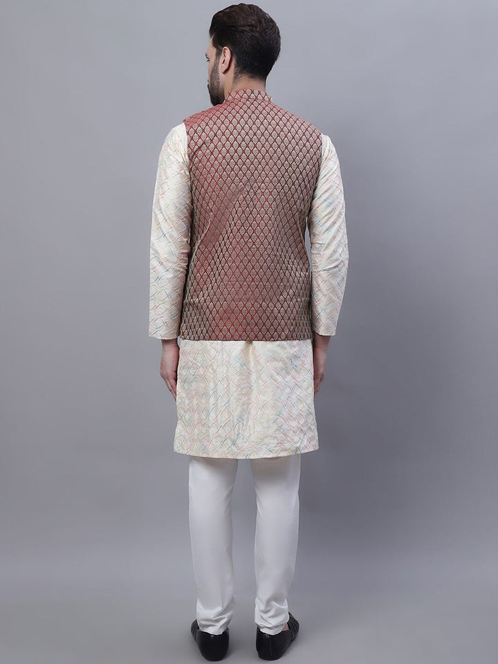 SOJANYA Embroidered Straight Kurta With Churidar And Nehru Jacket