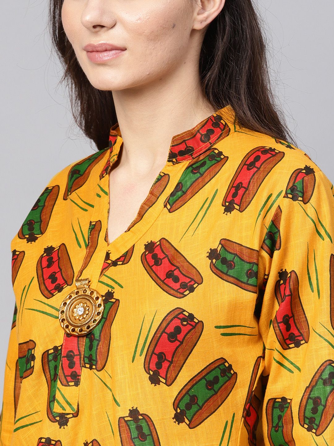 SOJANYA Kurta A-Line Bercetak Kuning & Merah
