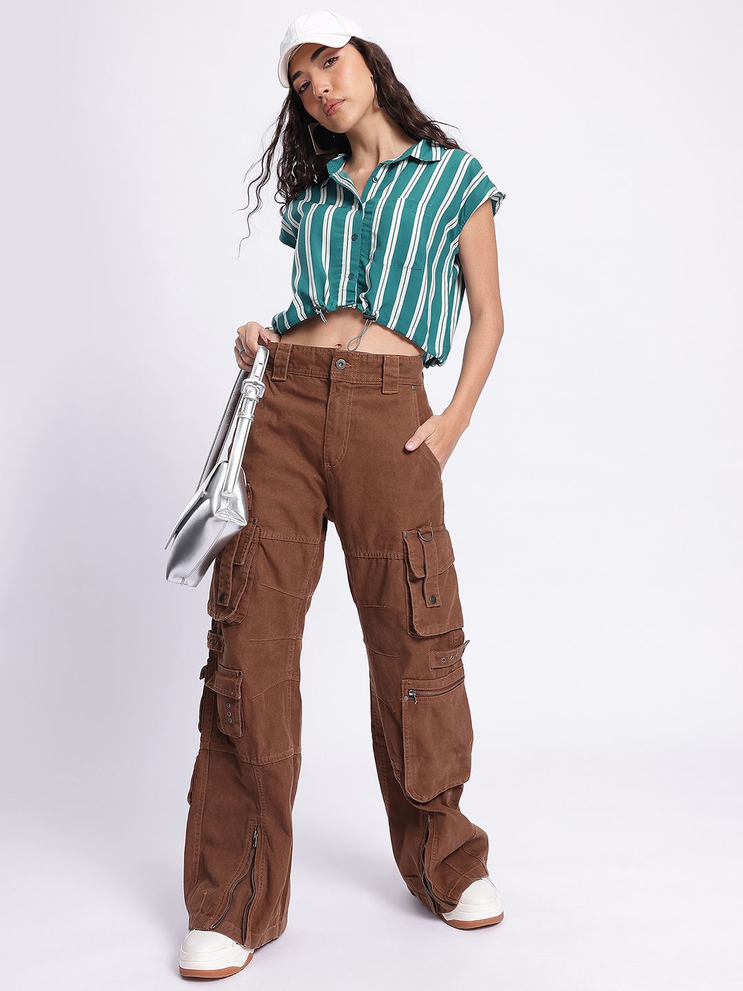 DressBerry Striped Cinched Waist Crop Shirt-Style Top